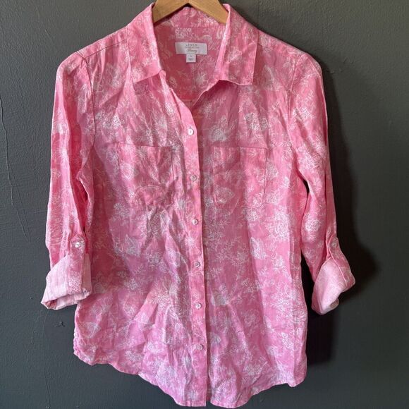 Charter Club Luxury Linen Womens Small Pink White Floral Button Up - Picture 1 of 4
